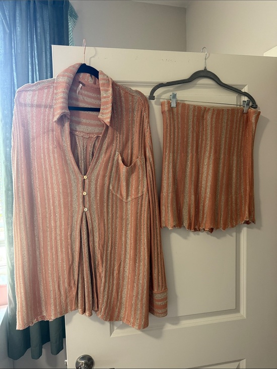 Free People Dresses & Skirts - Free People Peach and Cream Striped Knit Shirt & Skirt Set